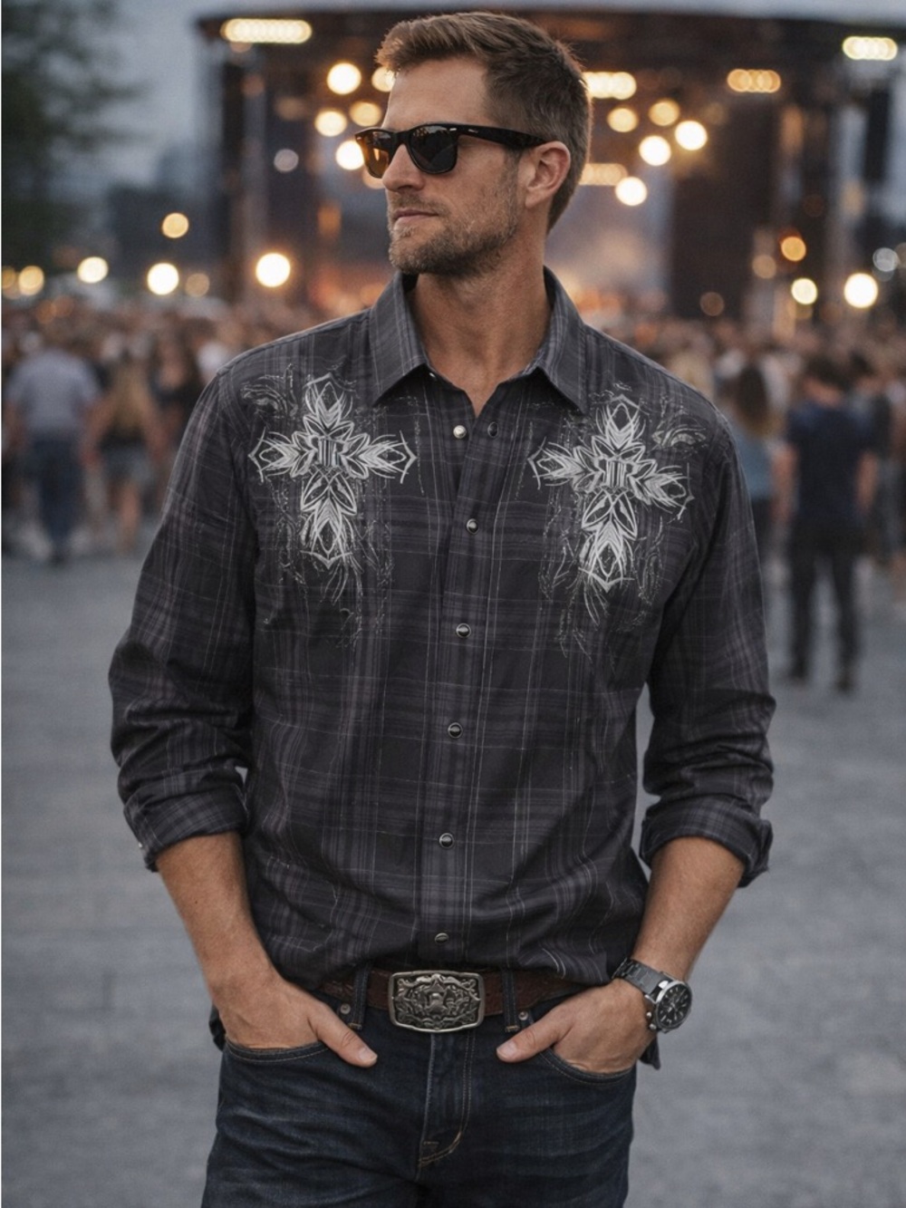 Rock & Roll Cowboy Embroidered Western Shirt Black Pearl Snap Cross Design XXL